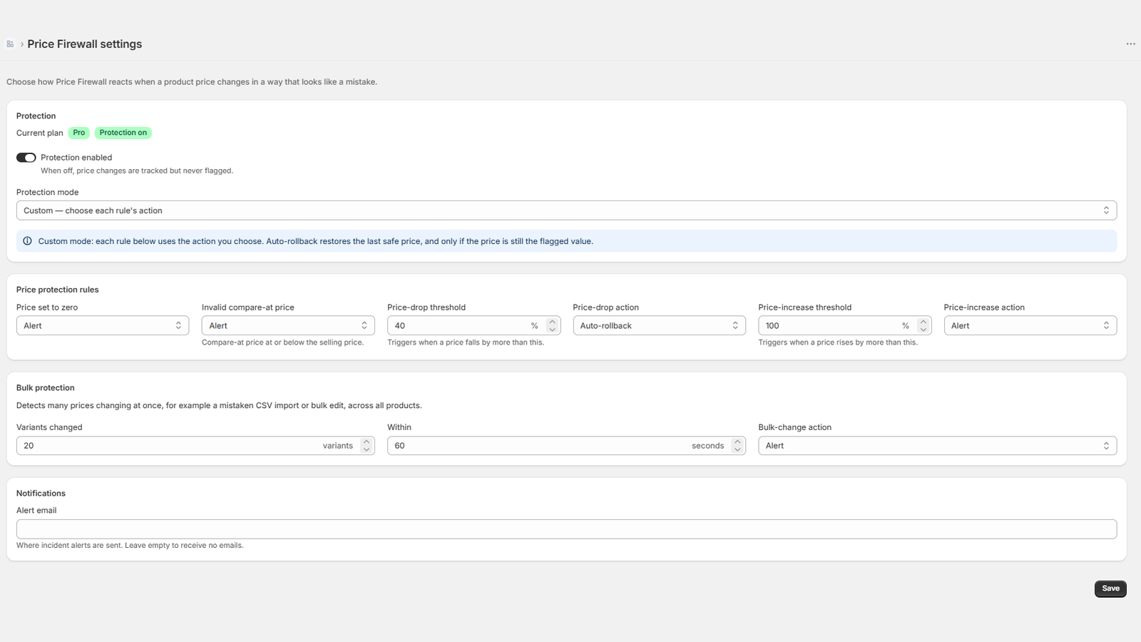 Price Firewall settings page with protection mode, rule thresholds and alert email